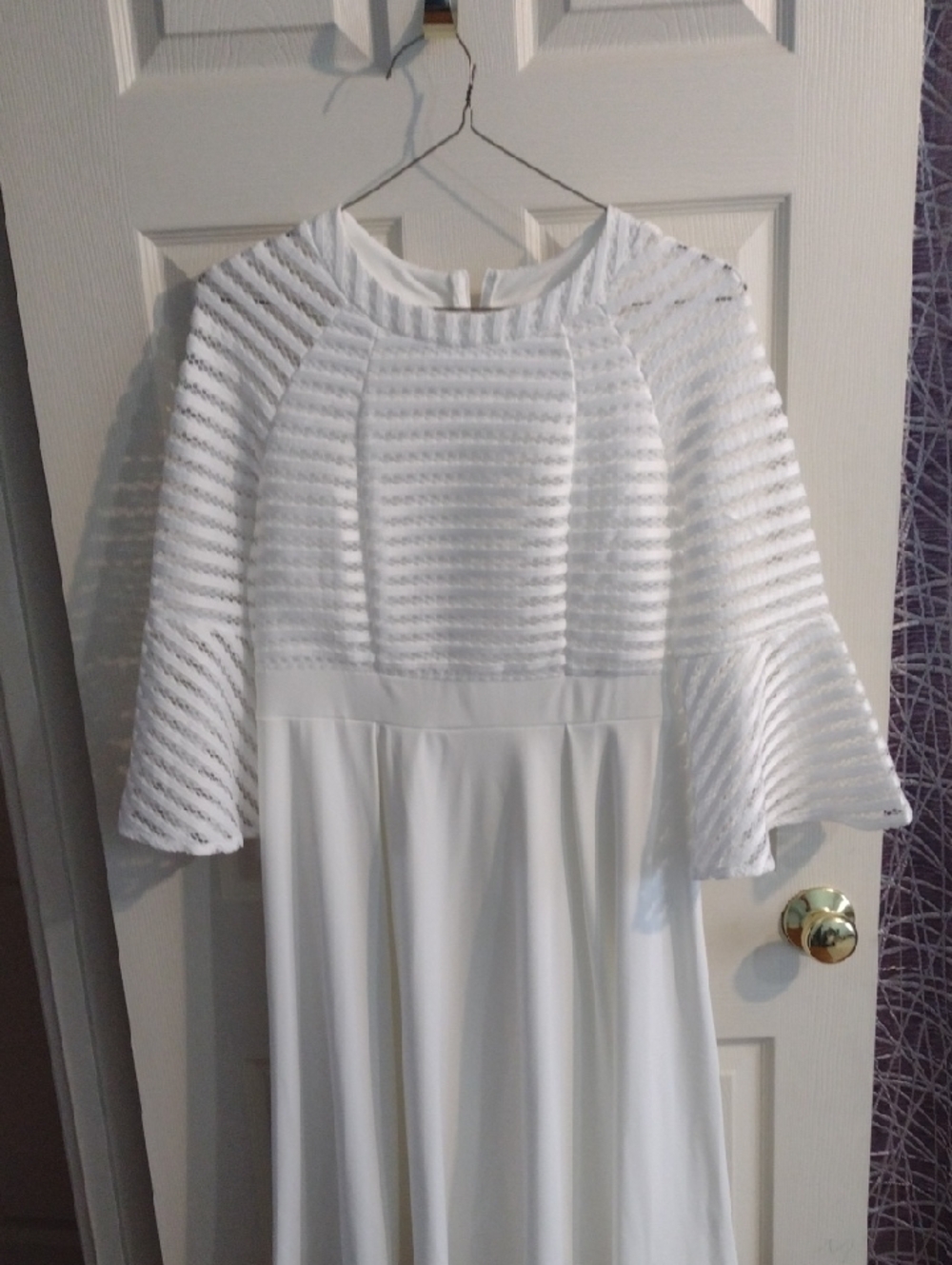 White Textured Bell-Sleeve Women's Dress